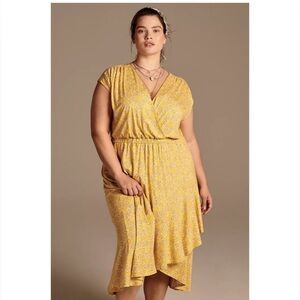 ANTHROPOLOGIE MAEVE Fete Yellow Print Faux Wrap Midi Dress Size XL